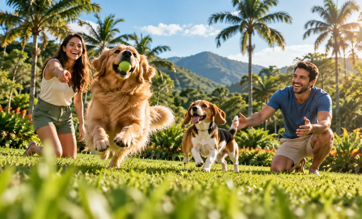 Casal brincando com dois cachorros no gramado
